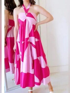 SWF Tipping Point Midi Halter Dress 100% Cotton Poplin Pink Flowy NEW NWT Medium